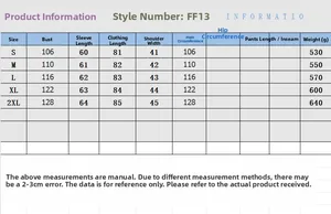 Detailed size chart for women's winter cotton jacket showing measurements for sizes S to 2XL