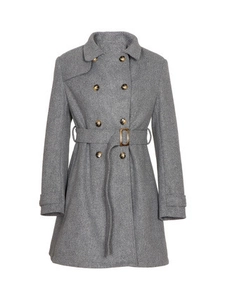 Classic dark grey double-breasted wool coat with notch lapels and waist belt for women