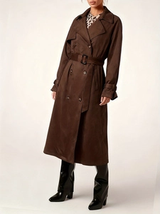 Women's vintage brown long double-breasted trench coat with waist belt and lapel collar