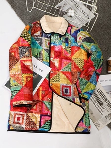 Colorful geometric quilted cotton jacket for women with bohemian patterns and buttons