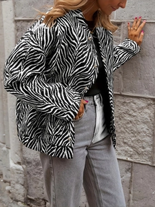 Women's vintage loose zebra print jacket with lapel and silver metal buttons