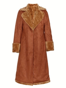 Women's vintage long fleece-lined faux suede coat in tan with warm faux fur lapels