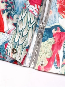 Women's floral print jacket with colorful pattern and premium metal zipper detail
