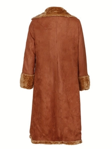 Women's long caramel suede coat with plush trim, warm windproof back view outerwear
