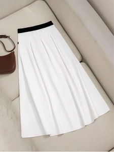 Women High Waist Pleated Midi Skirt Elegant Color Block A-Line Skirt With Pockets Office Lady Bottoms Casual White Black Skirt