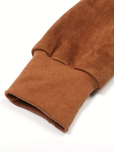 Women's zip-up wool jacket in caramel brown featuring ribbed cuffs and suede fabric texture