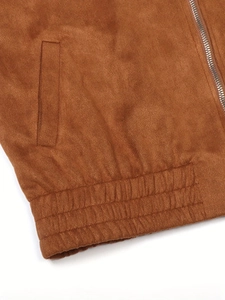 Brown suede jacket with elastic hem and metal zipper detail on white background