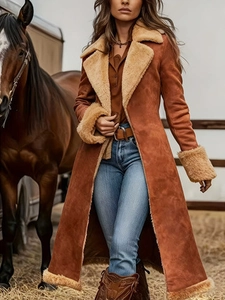 Women's brown faux suede long coat with thick shearling collar and cuffs in retro style