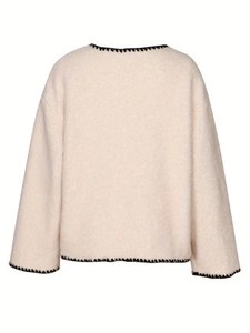 Chic beige wool blend coat with contrast black stitching and a belted loose silhouette