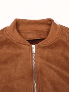 Women's brown faux suede jacket featuring ribbed stand collar and silver zip closure