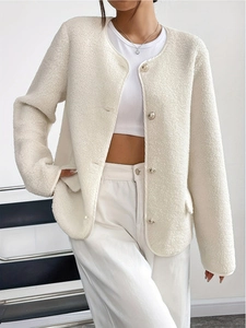 Women Elegant Lamb Wool Fleece Jacket Round Neck Single Breasted Button Long Sleeve Cropped Outerwear Coat For Autumn Winter