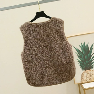 Back view of a plush brown sherpa fleece vest with warm textured lamb wool fabric