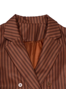 Women's vintage brown striped blazer with notch lapels and a classic double-button design