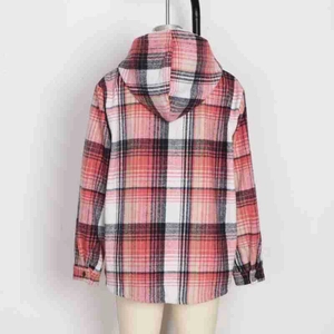 Detail view of pink plaid hoodie jacket with thick flannel fabric and button cuffs
