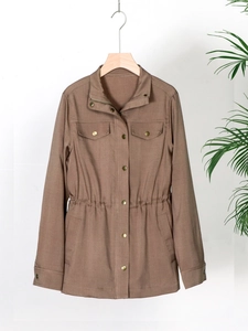 Women's casual drawstring waist cargo jacket in brown with stand collar and flap pockets