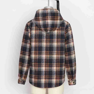 Rear view of a plaid hooded jacket with curved hem and classic tartan pattern details