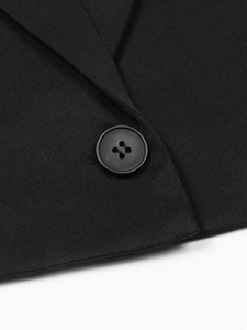 Women's black cropped blazer with high-density twill fabric and button detail