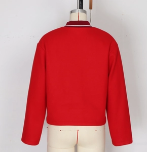 Rear view of red long-sleeve casual jacket with burgundy stand collar and dropped shoulders