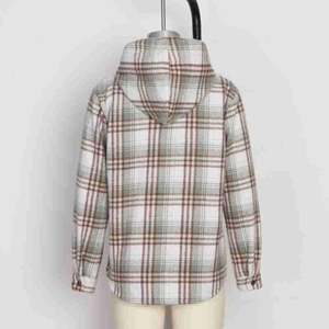 Back view of hooded plaid shirt jacket with beige, red and brown checkered pattern