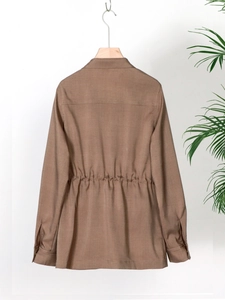 Women's casual long sleeve brown jacket with drawstring waist and turn-down collar