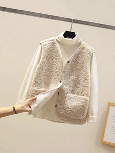 Women Faux Lamb Velvet Wool Blend Vest Sleeveless Jacket Casual Solid Color Single Breasted Loose Sherpa Waistcoat Warm Autumn Winter Top