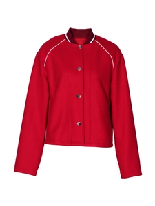 Red baseball varsity jacket with white piping and striped stand collar on white background