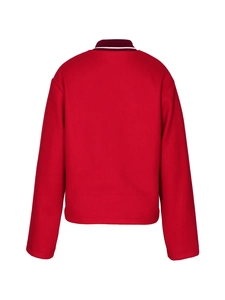 Back view of a vibrant red long sleeve casual jacket with striped ribbed collar detail