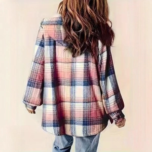 Back view of a hooded oversized plaid jacket featuring pink and blue checkered patterns