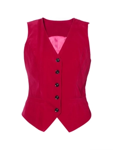 Gilet en velours rouge pour femme avec col en V, 5 boutons et doublure en satin rose