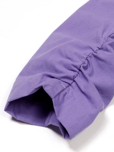 Purple linen-blend blazer sleeve detail featuring ruched cuffs and premium stitching