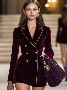 Veste Blazer Femme Élégante Coupe Ajustée en Velours Double Boutonnage Liseré Doré Rouge Vin Haut de Soirée Banquet