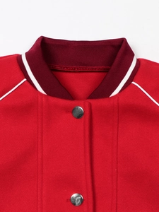 Classic red varsity jacket with striped rib collar and silver metal button closure