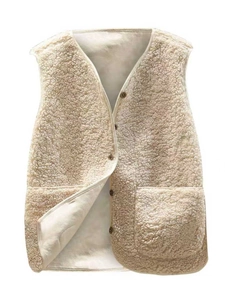 Women's faux lamb wool vest in beige featuring V-neck and front pocket for winter layering