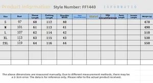 Size chart for women corduroy dress showing chest, sleeve, and length in cm