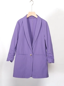 Linen purple casual blazer for women with ruched 3/4 sleeves and single button closure