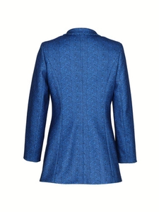 Detailed back view of women's slim-fit dark blue herringbone blazer with professional tailoring