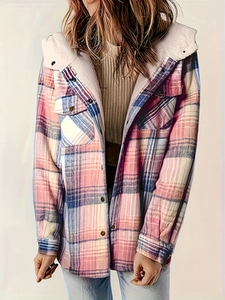 Women Plaid Hooded Shacket Fleece Lined Button Down Jacket Casual Long Sleeve Flannel Shirt Outerwear Coat