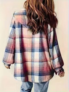 Back view of a casual hooded plaid jacket in pink and navy blue with a relaxed fit