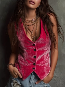 Gilet en Velours Vintage pour Femme Col en V Boutonnage Simple Sans Manches Avec Doublure en Satin Coupe Ajustée Top Fête