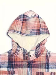 Women's plaid hooded jacket with cozy fleece lining and button closure in pink and blue