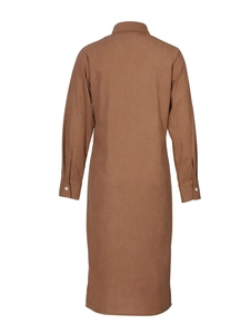 Back view of brown corduroy dress with long sleeves and white button cuffs
