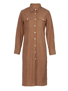Women's long sleeve corduroy shirt dress in dark brown with button-down front and pockets