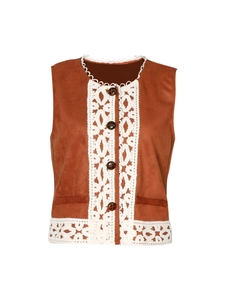 Gilet Donna in Finta Pelle Scamosciata Vintage Con Bordo in Pizzo Bianco a Contrasto Giacca Senza Maniche Boema Top Aperto Marrone