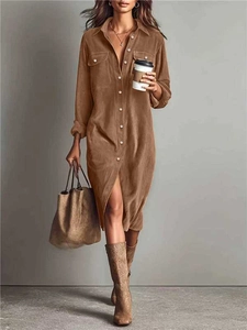 Women Casual Corduroy Long Sleeve Shirt Dress With Pockets Mid Length Button Down Lapel Collar Solid Color Fashion Dress