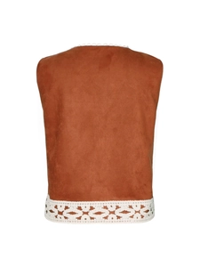 Vista posteriore del gilet di camoscio marrone con bordo in pizzo bianco sull'orlo e scollo