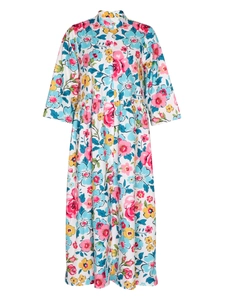 Vestido largo floral de manga larga con cuello abotonado y silueta casual holgada