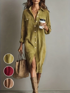 Detail of corduroy dress texture in olive green, dark red, and brown fabric swatches