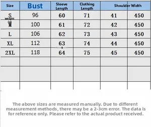 Size chart table for elegant double-breasted suede blazer including S-2XL measurements