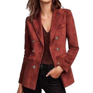 Detailed close-up of vintage double-breasted suede blazer with embossed metal buttons