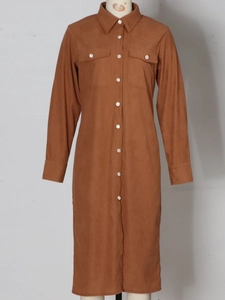 Women's corduroy long sleeve shirt dress in caramel brown with front buttons and pockets